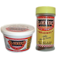 Bloemer’s Chile Base tub beside a jar of Bloemer’s Original Chile Powder